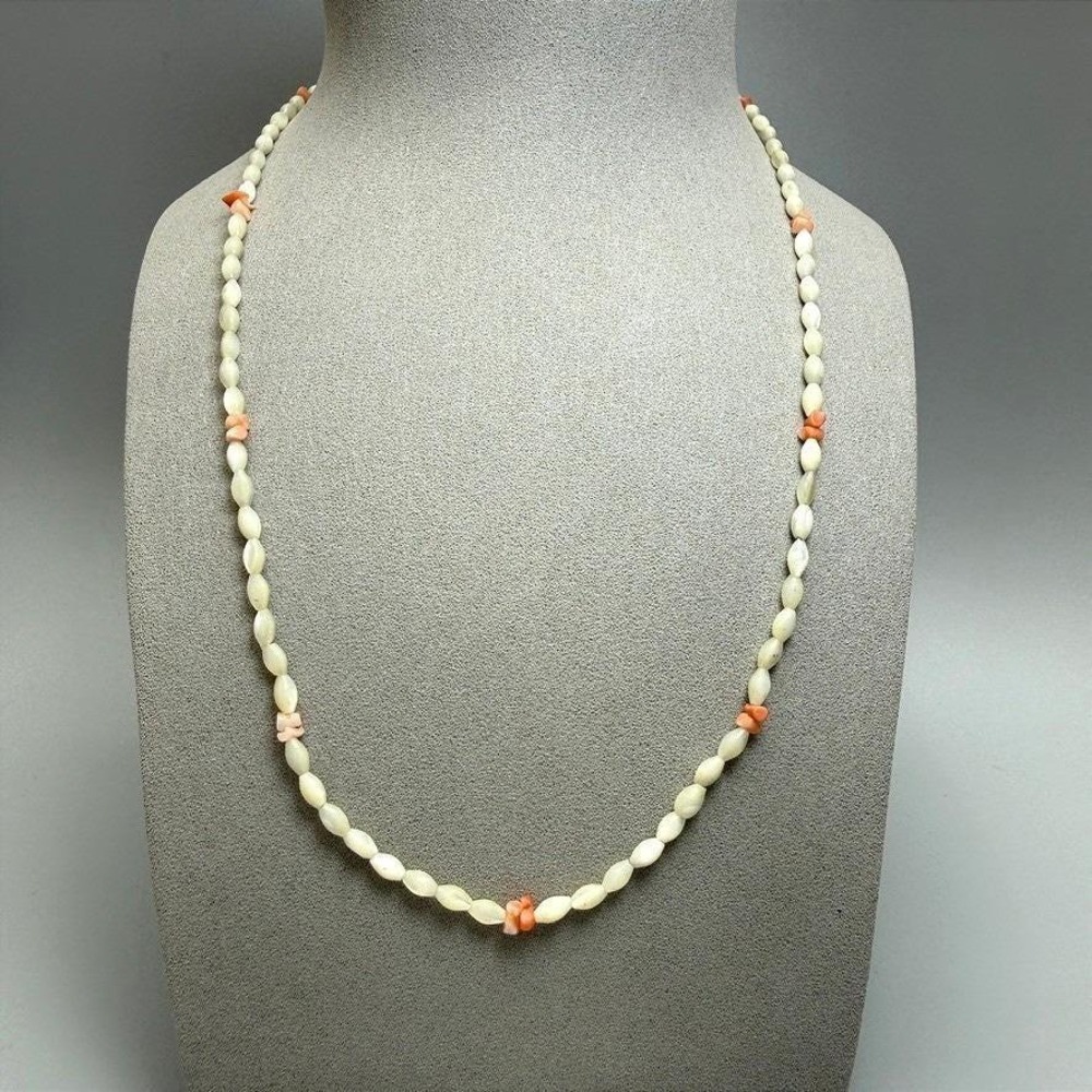 Vintage Mother of Pearl and Coral Bead Necklace 23" Statement Summer Dainty